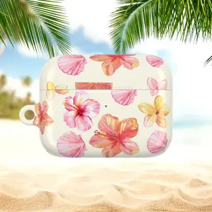 Pink Hibiscus Seashell AirPods Case, Tropical Summer Flower Earbuds Cover, Beachy Cute Coastal Aesthetic Case
