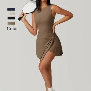 Sportsgirl Women's Solid Color High Neck Tennis Dress with Built-In Shorts and Mini Wrap Skirt for Athletic and Casual Outfits