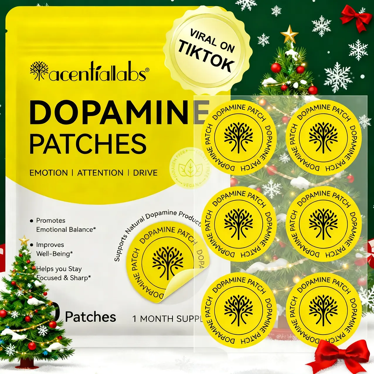 Acential Labs Dopamine Patch, Mood & Focus Enhancer, Mucuna Pruriens Extract 12mg, 5-Htp 5mg, Lion's Mane 4.5mg, Rhodiola 3.5mg
