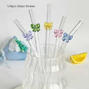 1/4pcs Reusable Glass Straws With Bow/Butterfly, Colorful Transparent, Shatter Resistant Clear Glass Straws With Cleaning Brushes For Drinks, Milk Tea, Coffee, Juice, Kitchens, Restaurants, Home Bar Accessories