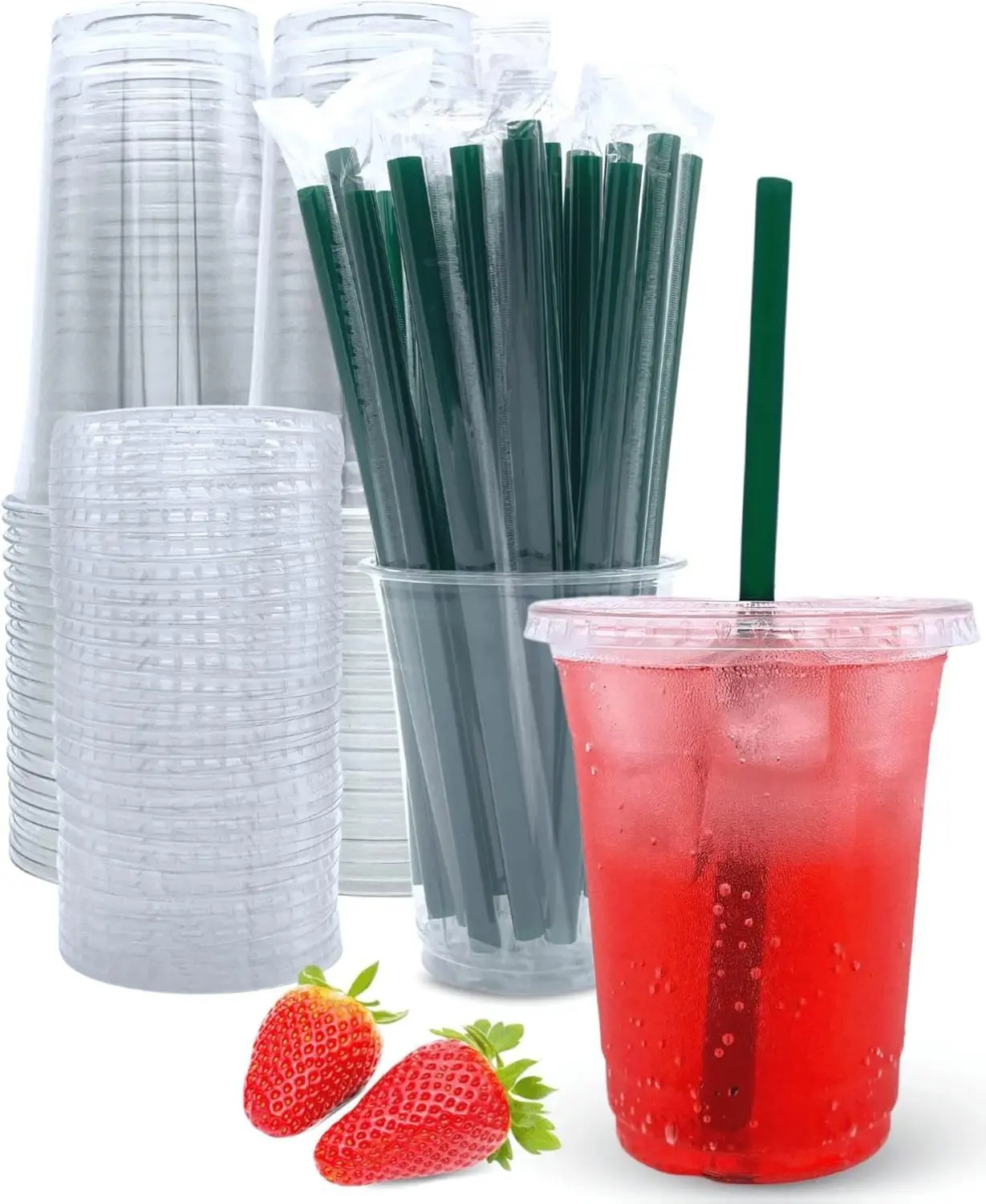 [New deal]- 12 oz Clear Plastic Cups with Lids and Straws Disposable Coffee Cups 25 Sets Solid Design BPA Free Recyclable for Iced Coffee Smoothies