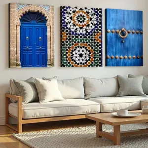 Set of 3 Wooden Frame Canvas Prints Moroccan Door Blue City Poster Arabic Architecture Art Canvas Poster Print, Fashion Wall Art, Office, Living Room, Bedroom, Room Decor Hanging Gift Artistic Ornaments Photo
