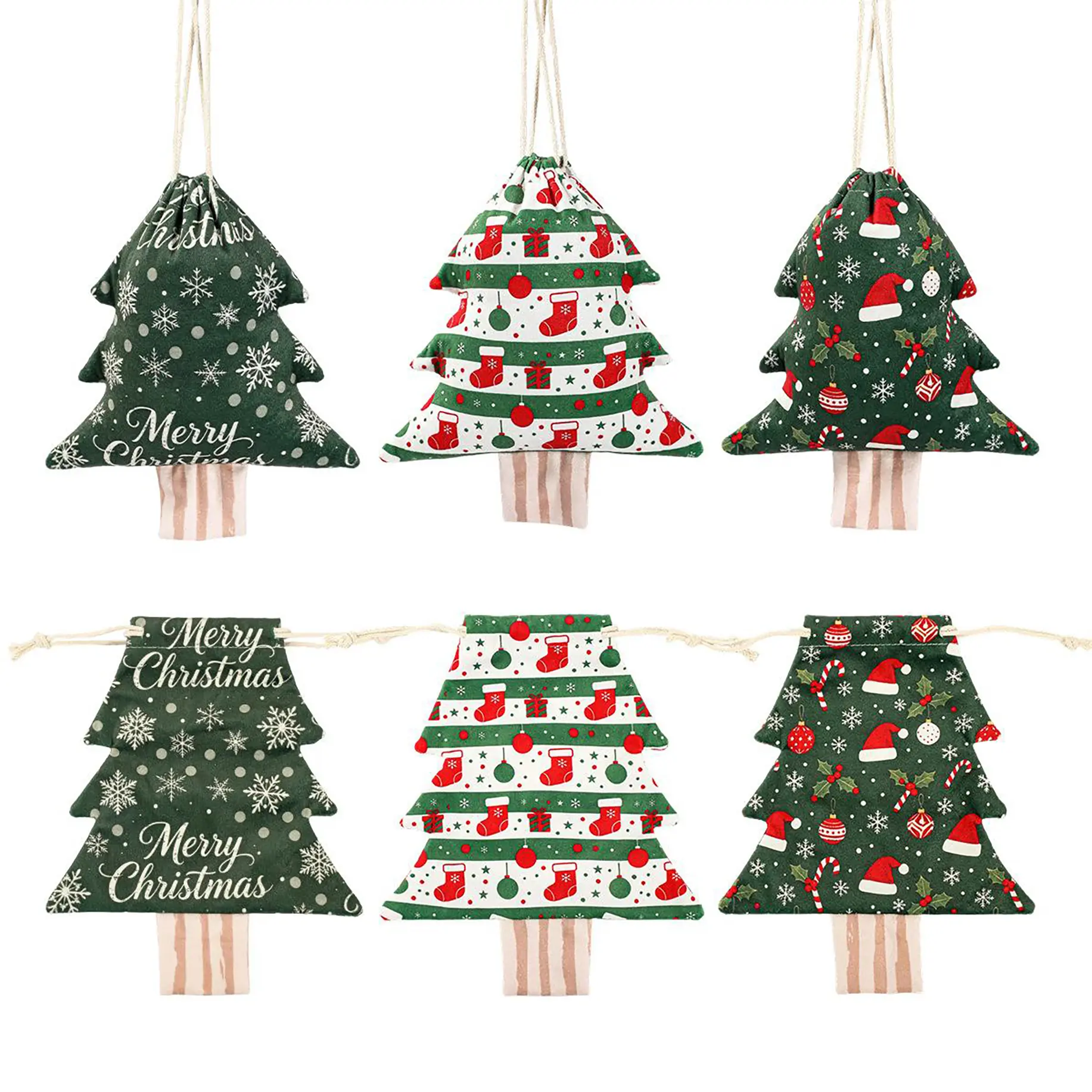 12PCS Christmas Tree Ornament Pouches Decorative Drawstring Bag for Christmas Holiday Decorations, Ornament Scene Arrangement, Christmas Tree Shaped Gift Favor Storage Bag Organiser
