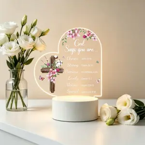 Christian Night Light with Cross & "God Says You Are" Poem, Heart Shaped Acrylic LED Lamp, Inspirational Bible Verse Decor for Bedroom & Home, Religious Gift