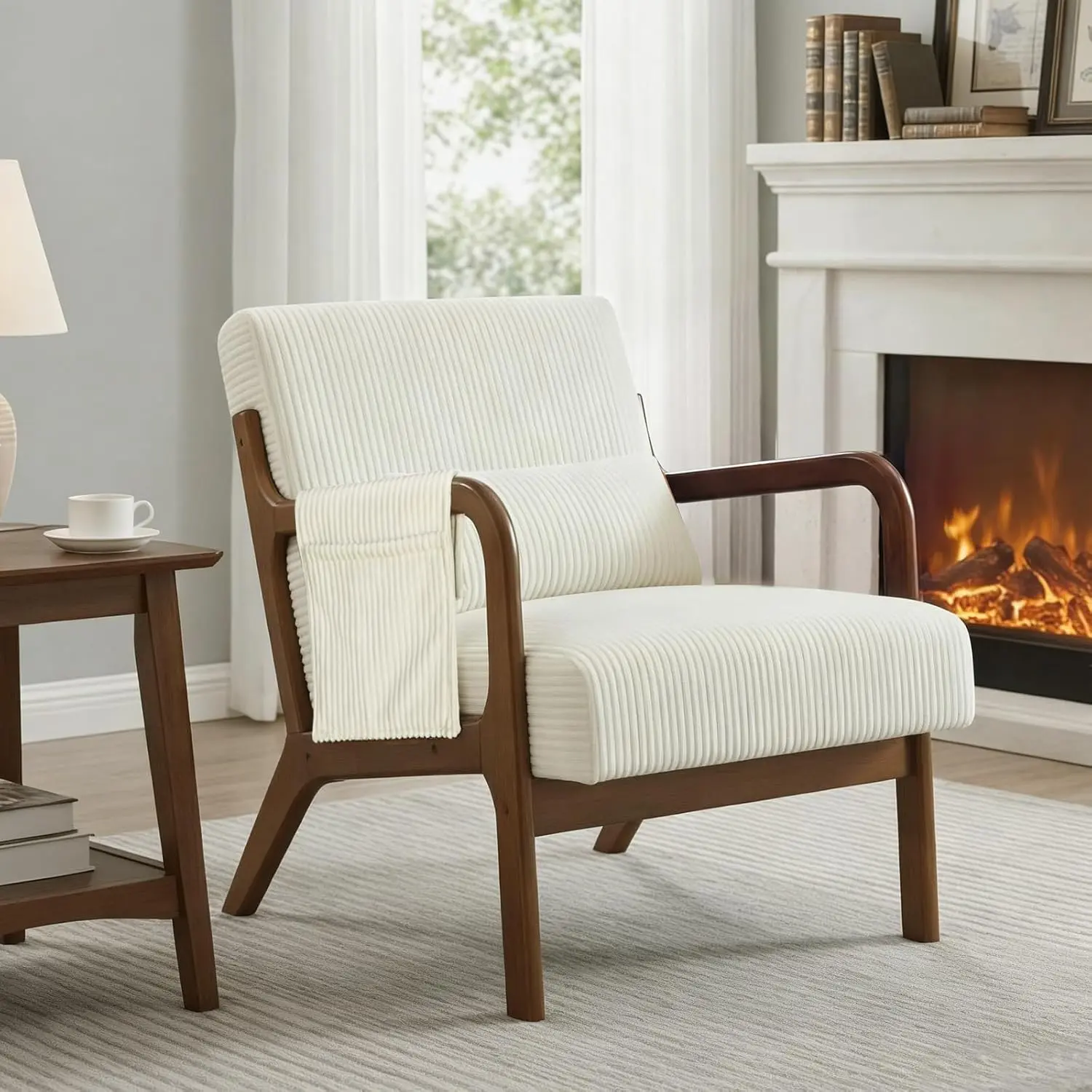 Mid Century Modern Accent Chair, Upholstered Armchair with Lumbar Pillow, Solid Wood Frame Comfy Reading Chair for Living Room Bedroom Guest Room