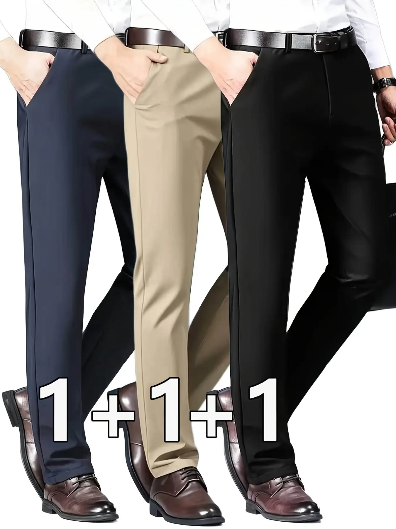 3-Pack Men's Business Casual Suit Pants, Trouser, High Elasticity, Wrinkle-Resistant, Breathable, All Seasons, Slim Fit, Ankle Length, Zipper Fly