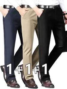 3-Pack Men's Business Casual Suit Pants, High Elasticity, Wrinkle-Resistant, Breathable, All Seasons, Slim Fit, Ankle Length, Zipper Fly