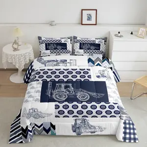 Feelyou Construction-Themed Luxury Duvet Set - King/Queen Size Grid Blue White Bedding with Cartoon Excavator, Tractor, Equipment Truck Designs, King Size Household Room Decor