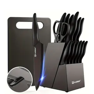 15pcs Professional Black-Coded Kitchen Knife Set With Black Wooden Block, Non-Slip ABS Handle Chef'S Knife, Plastic Cutting Board, And Kitchen Shears. Ideal For Home And Restaurant Use. The Perfect Gift For Thanksgiving, Christmas, And New Year.