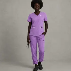 Stretchable 2pcs Set Stacked Pants  & Sholder Laces , V-Neck Shirt. (White logo shown is not included with this style.)
