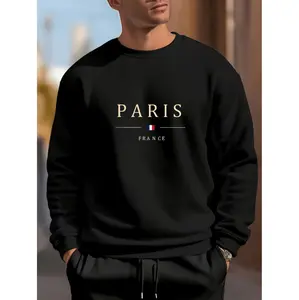 Paris Flag Graphic Crewneck Sweatshirt For Men In White With Golden Details Comfortable Machine Washable Pullover For Everyday Wear