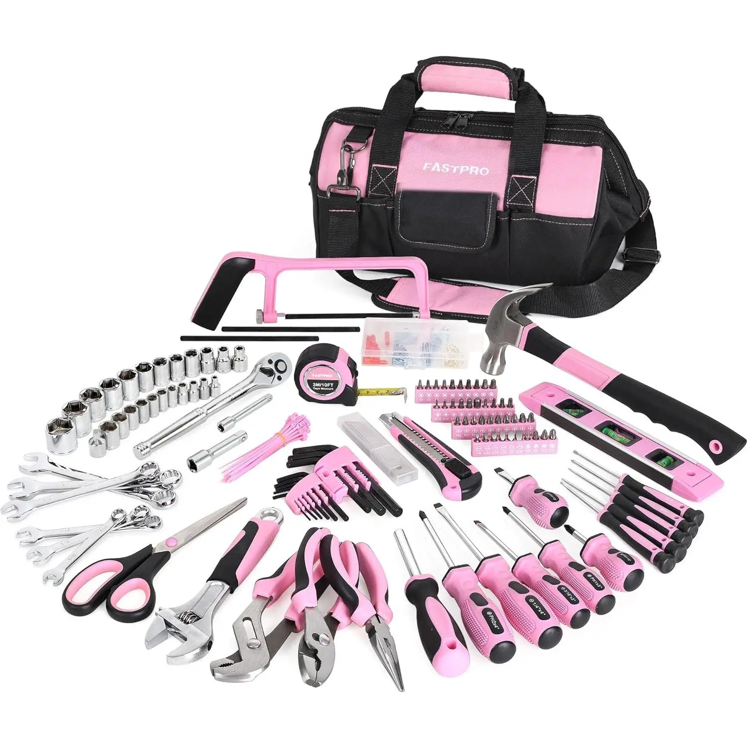 267-Piece Pink Tool Set, Home Repairing Tool Kit with Wide Mouth Open Tool Bag, Mechanics Hand Tool Kit for DIY, Home Maintenance