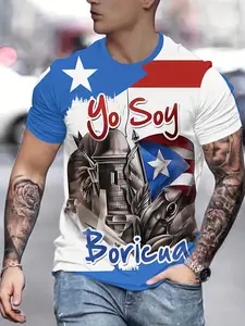 Men's Puerto Rican Flag Knit Fitted T-Shirt, Bold Spanish Text & Metallic Armor Design, Casual Street Style Tee, Proudly Showcases Puerto Rico Cultural Tradition