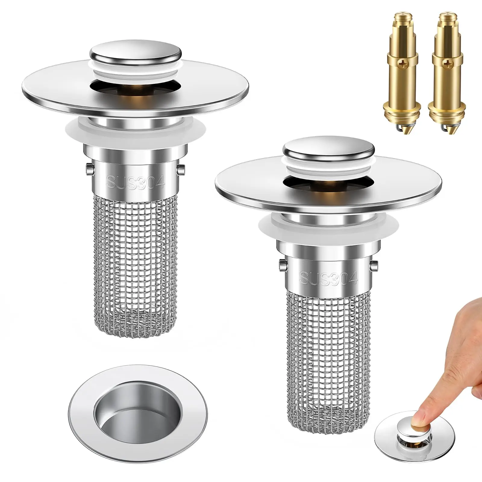 Bathroom Sink Drain Strainer,(2Pack) Pop-up Sink Drain Strainer with Removable Stainless Steel Strainer Basket Hair Catcher, Bathroom Sink Strainer for Bathroom Sink Stopper Replacement