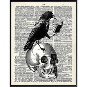 Edgar Allan Poe The Raven Gothic art- Vintage Skull Home Decor, Room Decoration for Goth Fans - Horror Poster - Spooky Wall Art, Creepy Decorations - Gothic Room Decor Aesthetic for Halloween Kitchen Paintings