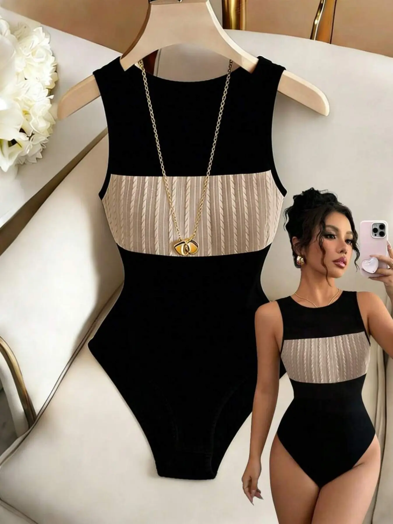 Summer Knitted Sleeveless Round-Neck Colorblock Patchwork Fitted Bodysuit Top, Casual Yet Elegant Vacation and Party Womenswear