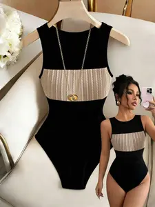 Summer Knitted Casual Elegant Vacation Party Round Neck Colorblock Patchwork Fitted Womenswear Bodysuit Tight Top, Stylish Summer