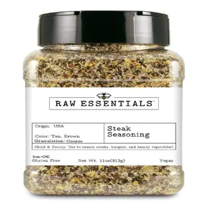 Raw Essentials Steak Seasoning – Bold & Savory – Perfect for Steaks, Burgers & Hearty Vegetables – Non-GMO, Gluten Free, Vegan – 11 Ounce Bottle