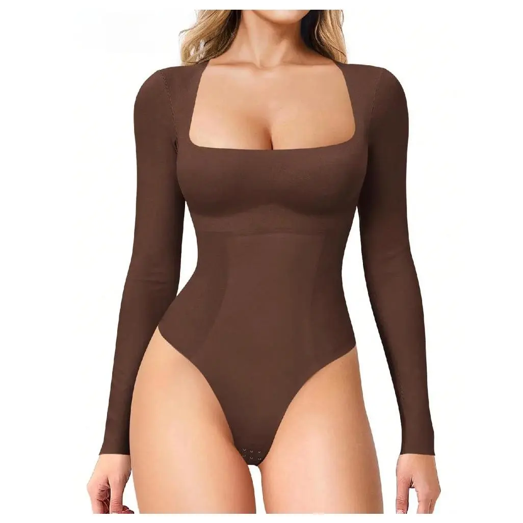Women's Square Neck Bodysuit, Elegant Long Sleeve Tummy Control Shapewear, Slim Fit Breathable Fabric Top for Daily & Going Out, Longsleeves, Comfortable, Ab Control Shapewear Bodysuit