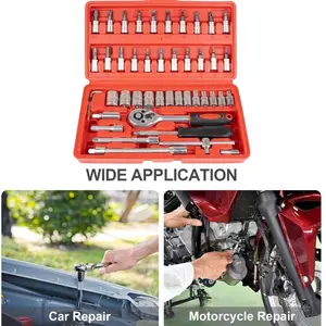 46-Piece Small Drive Socket Wrench Screwdriver Set, 1/4 Inch Metric Socket and Ratchet Wrench Set with Extension Rods, Compact Tool Kit for Car Use, Tool Box