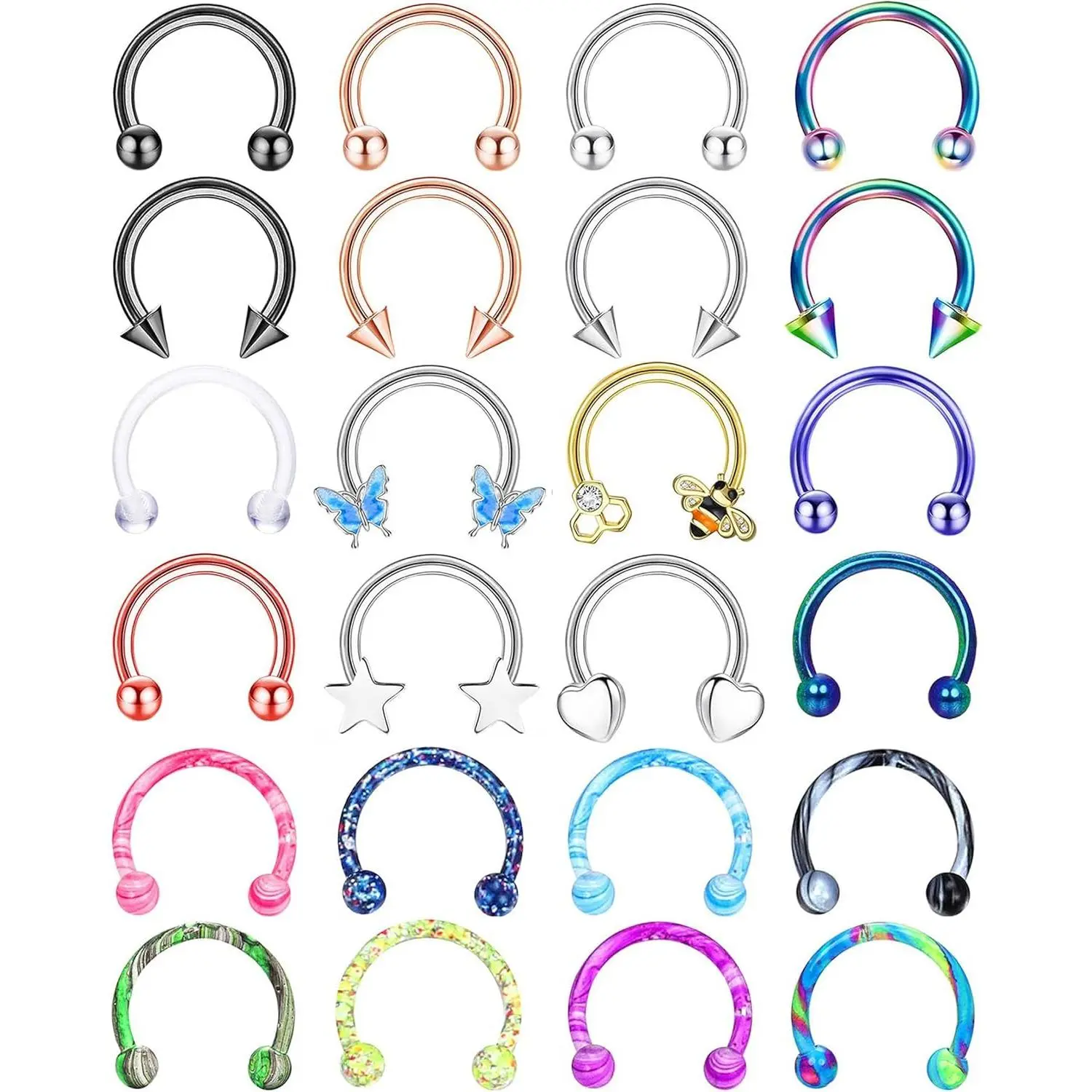 Surgical Steel Piercing Jewelry Set, 24-Piece 16G Hypoallergenic Geometric Hoops & Horseshoe Rings for Septum, Lip, Daith, Casual Conch Piercing Jewelry for Women Men, Christmas Birthday Gift, Nose Piercing