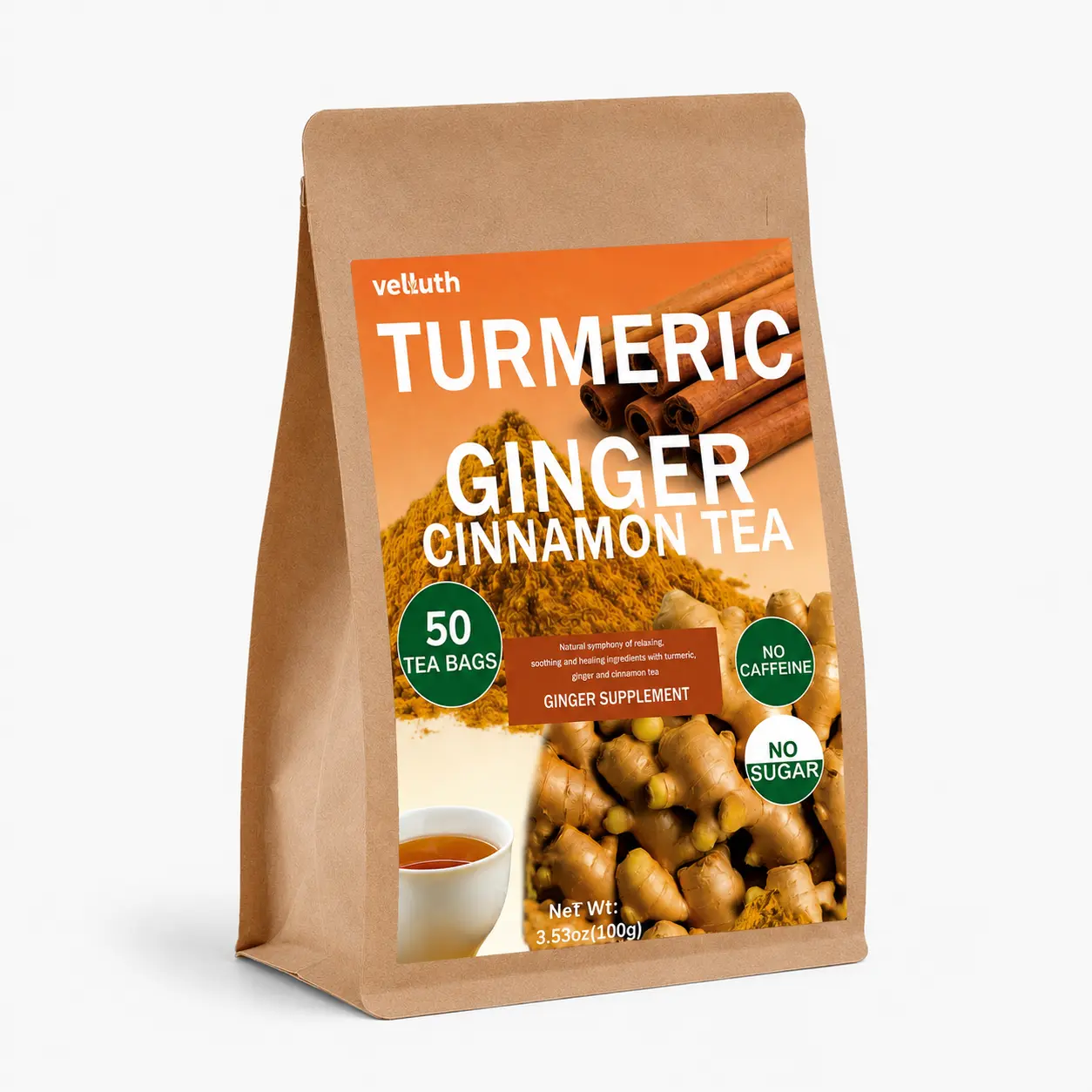 Turmeric Ginger Cinnamon Herbal Tea, 25/50 Eco-Friendly Tea Bags with Natural Herbal Ingredients, Caffeine Free Sugar Free Vegan Tea, Healthy Herbal Beverage for Daily Wellness, Gut Health & Natural Balance
