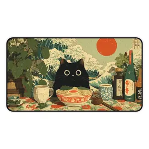 [Sale up to 50%] [Free Ship] Vintage Japanese Ramen Shop Desk Mat, Black Cat Desk Pad, Cute Ramen Shop Desk Topper, Retro Japan Anime Mousepad, Ramen Cat Laptop Mat