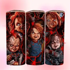 1pc Child's Play Chucky Horror Movie Tumbler - Official Freddy Krueger & Chucky Design, 20oz Insulated Cup with Lid & Straw, Hot/Cold Beverage Thermos for Fans, Gift for Women, Girls, Horror Movie Nights - Stylish Stainless Steel