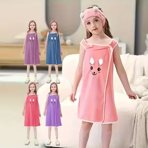 Kids Wearable Bathrobe, Cute Cartoon Non-Slip Baby Towel, Soft Coral Fleece, Super Absorbent, Ideal for Pool, Beach, Bathing, Girls