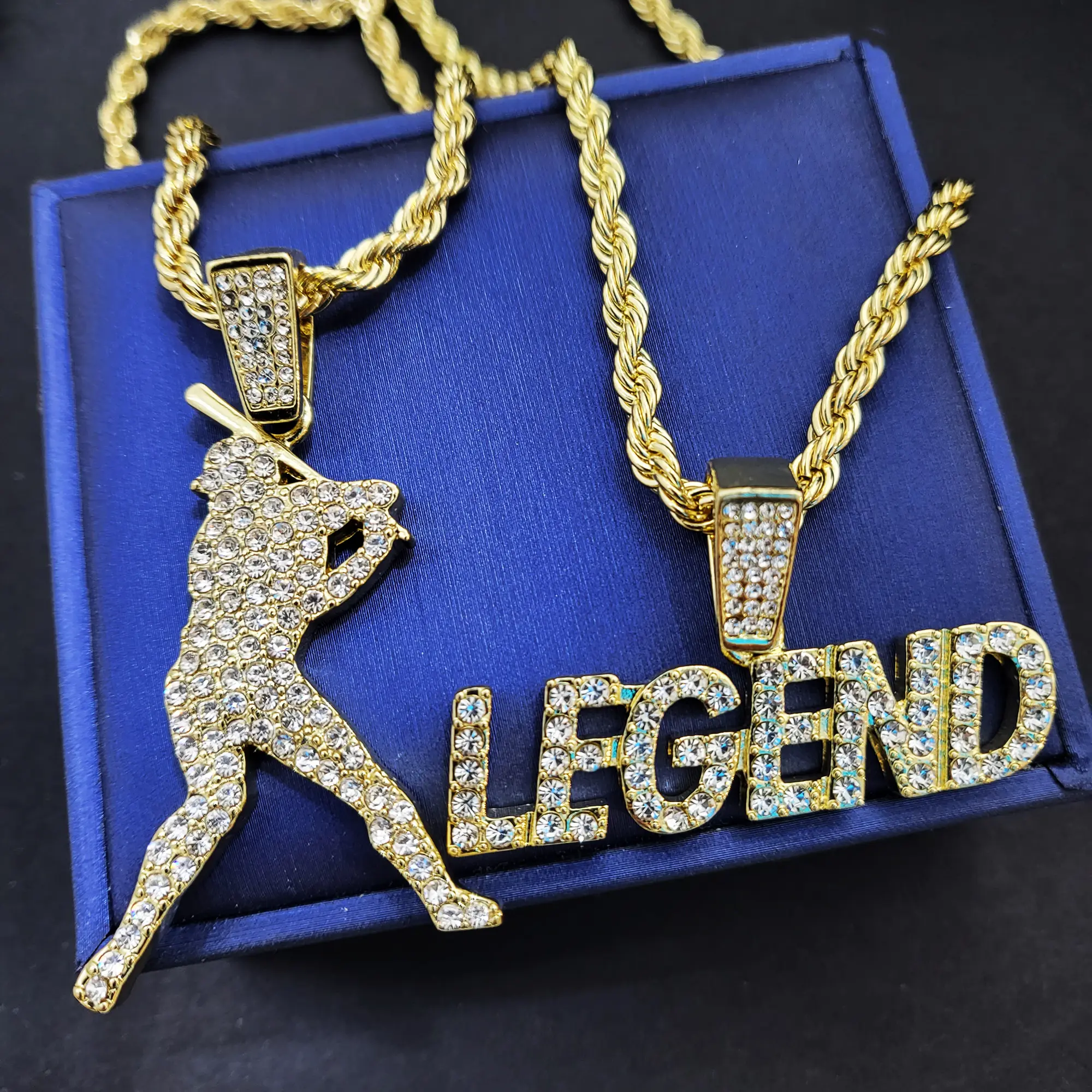 MaxBling81 Drop Necklace for Men, Hip Hop Iced Out Gold-Plated Baseball Hitter & Legend Pendants with 4mm 24-inch Rope Chain, Hip Hop Outfits, 24" Rope Chain, 50Mm X 30Mm