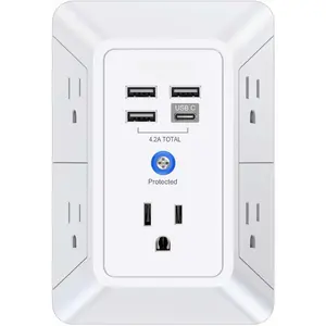 5 Outlet Extender Multi Plug Wall Outlets with 4 USB Charging Ports (1 USB C Outlet), 3 Sided 1680J Surge Protector Power Strip USB Wall Charger for Home, Office, Travel, ETL Listed, White