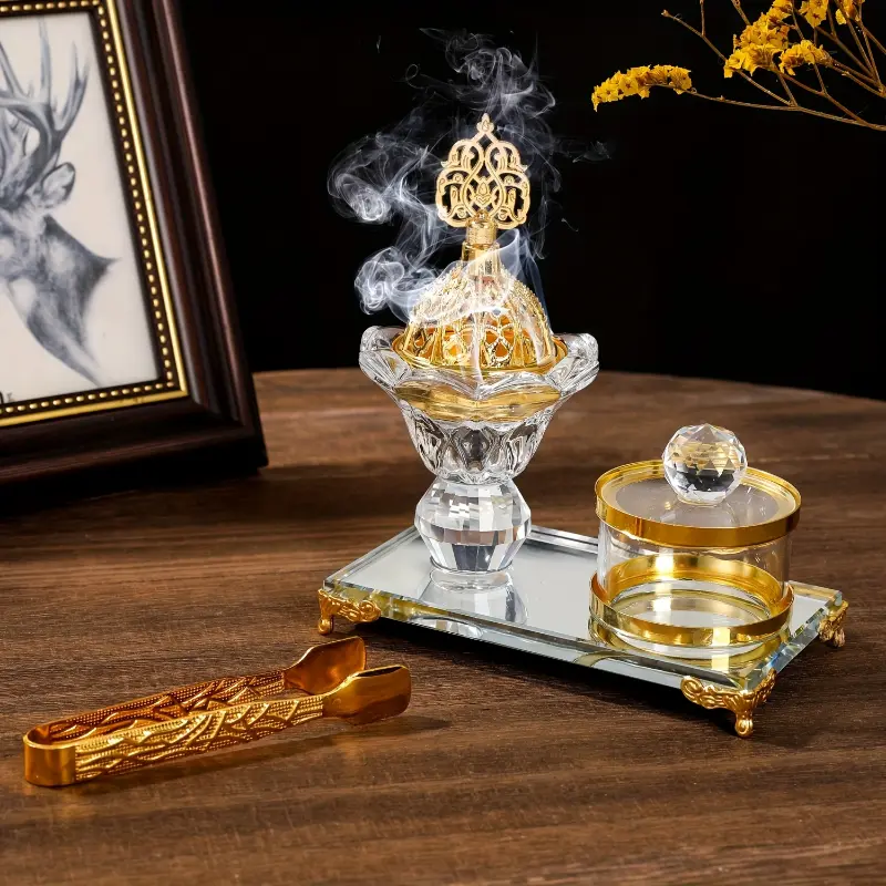 Luxurious Aesthetic Arabic Crystal Incense Burner Set with Golden Accents, Glass Aromatherapy Diffuser - Aroma Blend Scented Aromatherapy Oils, Art-Infused Home & Festive Decor Fragrance Freshener