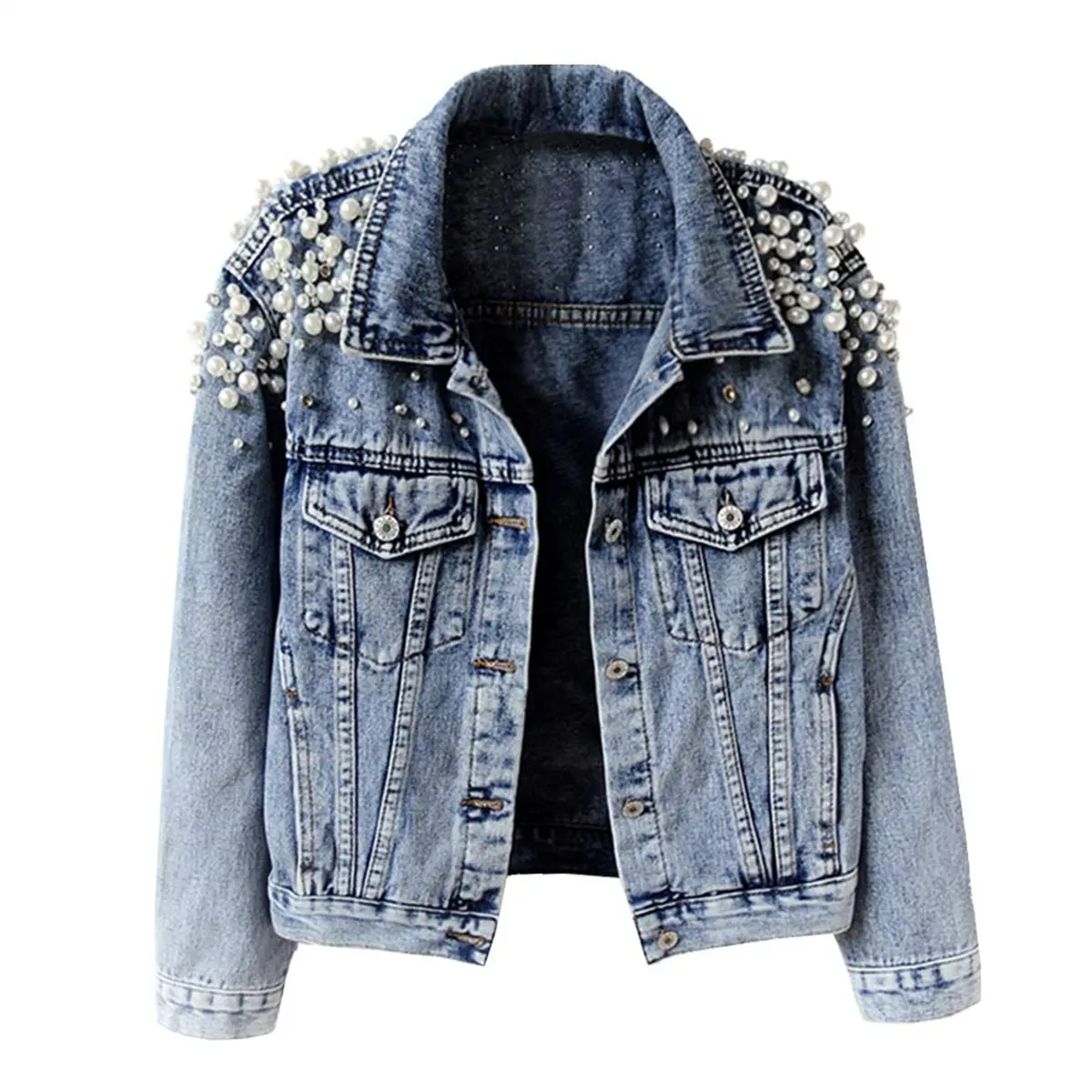 Talakeno Women's Longsleeves Cropped Denim Jacket - Tops, Lapel Collar, Embroidered Pearls Beading, Button-Down, Oversized Pockets, Casual Everyday Outerwear, Motorcycle Jacket Style, Blue Elegant School Wear, Lapel Jacket