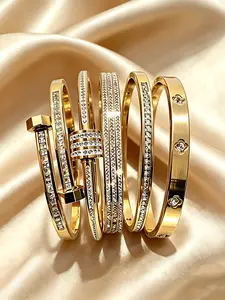 5 Piece Vintage Fashion Stainless Steel Bangle Set, 18k Gold Plated, Elegant Versatile Style, Suitable for Men and Women, Daily Wear, Elegant Jewelry Bracelet