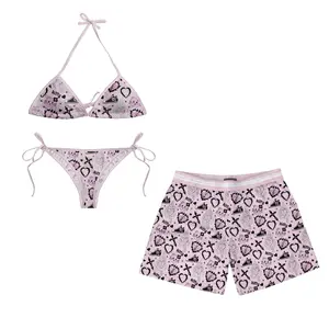 His and Hers Matching Couples Emo Kitty Swimsuits - Matching Swimsuits with Punk Cat and Ribs Print
