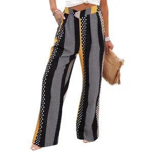 MNLYBABY Women Elastic High Waist Wide Leg Pants Crossover  Dots Print Striped Palazzo Pant Trouser with Pocket Simple Straight Casual Beach Bottom Fabric Womenswear