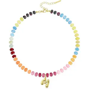 Women's Dopamine Letter Necklace, 14K Colored Beaded Bubble Necklace, Letter Pendant Necklace, Summer Beach Jewelry Gift