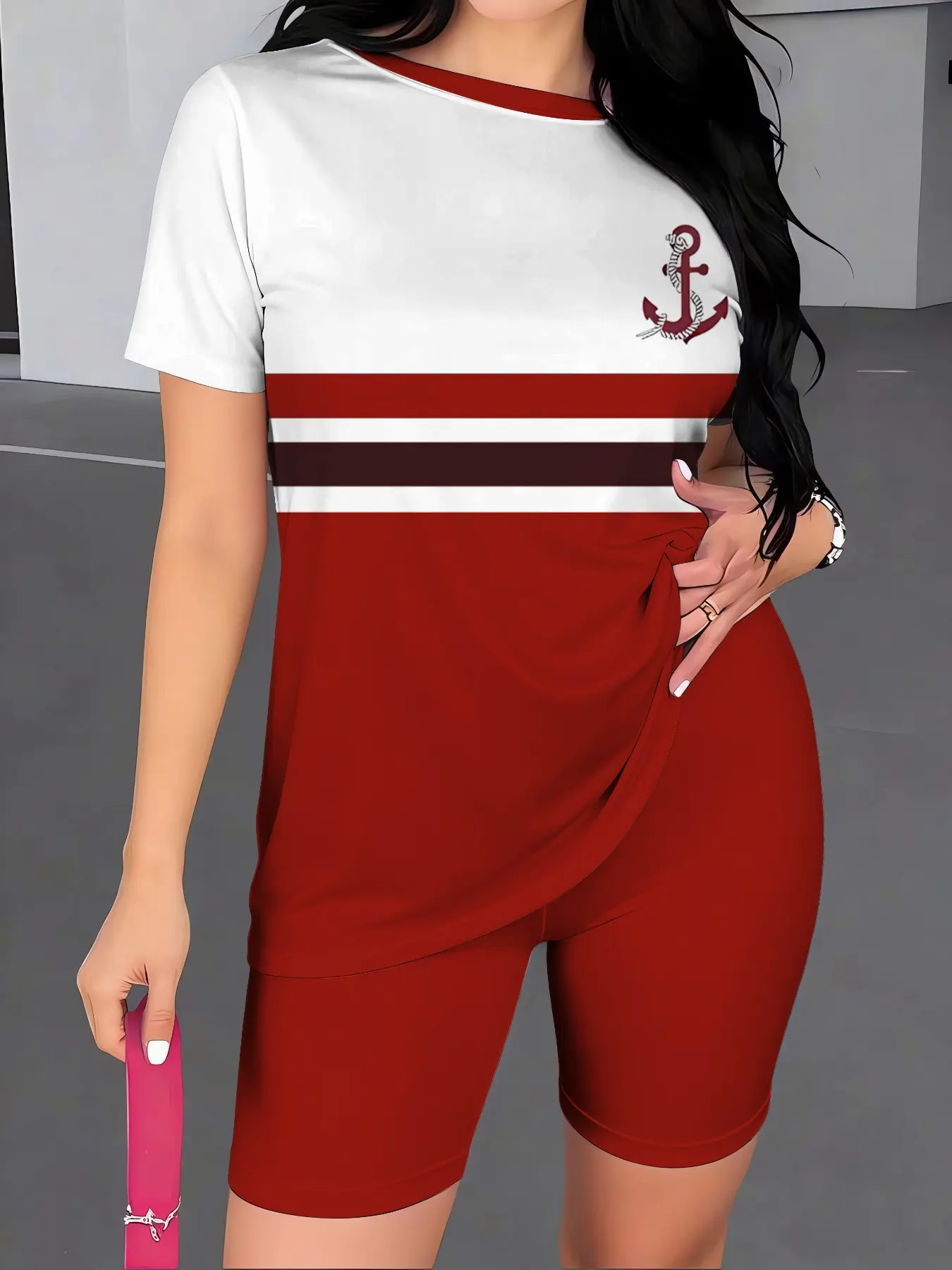 Women's Casual Fashion Set: A two-piece set featuring a short-sleeve Fitted Round Neck T-shirt with a striped nautical anchor print and slim-fit athletic shorts—perfect for summer beach vacations or lounging at home Beach Outfits Set