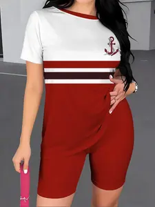 Women's Casual Fashion Set: A two-piece set featuring a short-sleeve Fitted T-shirt with a striped nautical anchor print and slim-fit athletic shorts—perfect for summer beach vacations or lounging at home