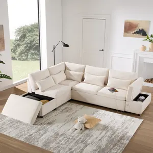 107" L-Shaped Sectional Sofa Bed with Pull Out Couch & Storage Ottoman, USB & Type-C Charging, Adjustable Armrest, Free Combination Modular Sofa for Living Room & Apartment