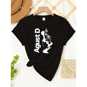 Agust D Graphic T-Shirt for Women, Black 190g Cotton Short Sleeve Crew Neck, Stylish Printed Tee, Casual Hip Hop Fashion, Comfortable Fit, Music Inspired Design, Perfect for BTS Fans, Breathable Material