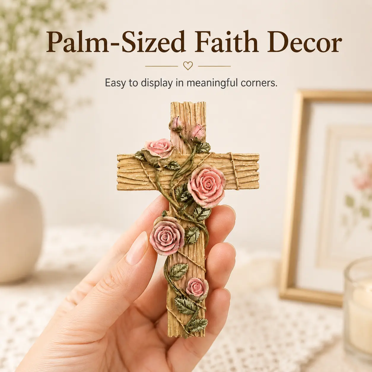 Floral Cross Wall Decor, Elegant Resin Christian Cross Decoration with Rose Design, Faith Home Decor for Living Room, Bedroom, Prayer Room, Religious Gift for Family and Loved Ones