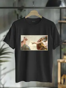 100% Cotton Unisex Funny Cat Slap Sarcastic Creation Of Adam Cat Meme Cat Lover T-Shirt