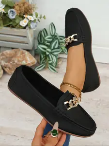 Women's New Gold Chain Elegant Slip-On Pu Leather Loafers, Lightweight Comfortable Soft Rubber Flats, Versatile Casual Shoes for Daily Wear