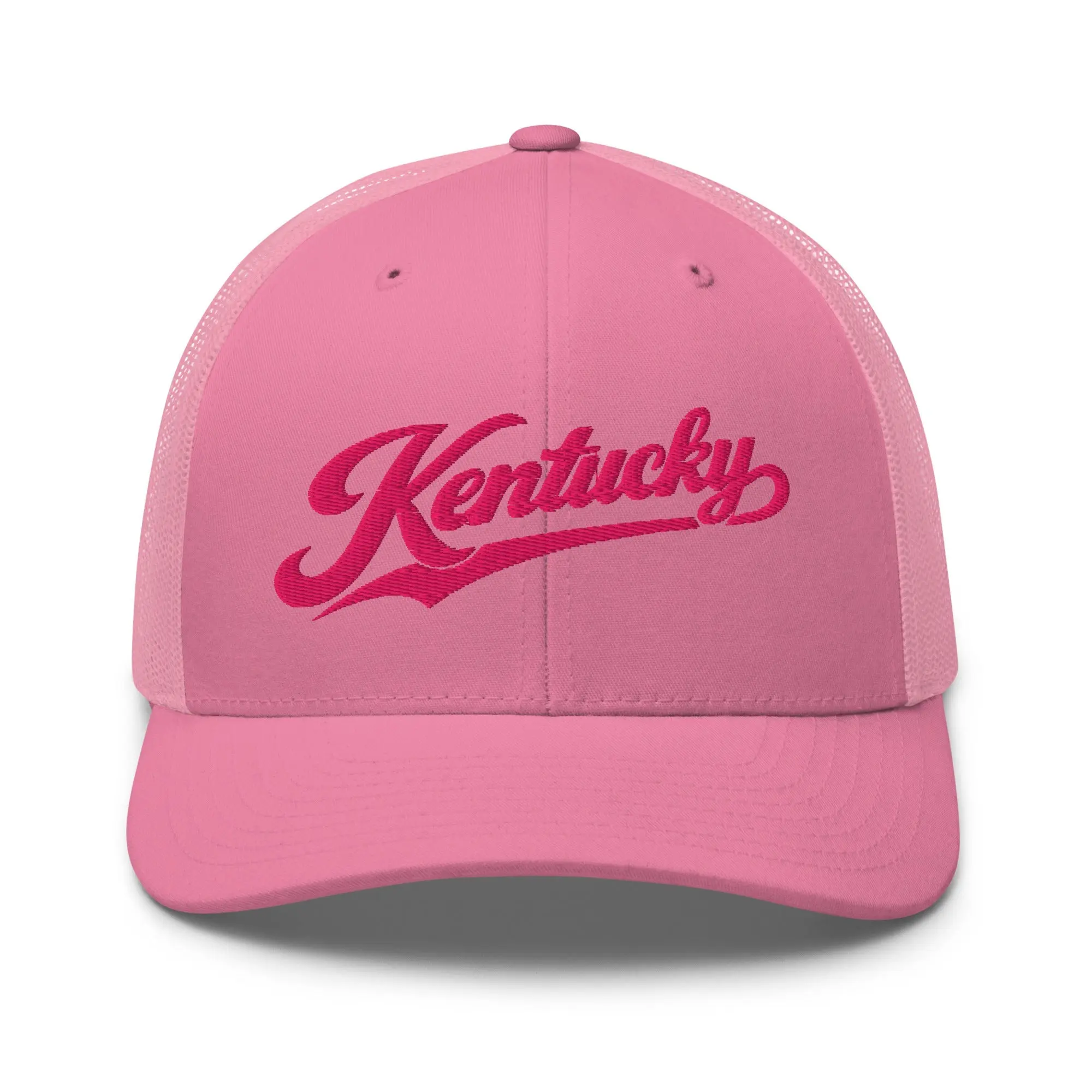 Kentucky Pink Script Lettering Trucker Hat - Vintage State Pride Mesh Cap, Unisex Fit, Adjustable Snap, Bold Embroidery, Cotton/Poly Material, Warm Weather Accessory