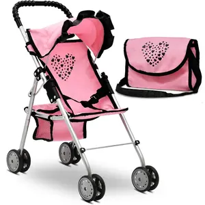 Doll Stroller for Kids - Foldable Toddler Toy Buggy Carriage with Canopy, Storage Basket, Matching Diaper Bag, Pink Heart Design for 12-18 Inch Dolls