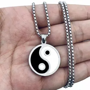 Mens Stainless Steel Protection Amulet Ying Yin Yang Pendant 34 x 25mm Necklace Men 25 Inch