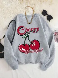 Women's Cherry & Letter Print Crew Neck Sweatshirt, Casual Drop Shoulder Long Sleeve Pullover for Spring & Fall, Fashion Women's Top for Daily Wear