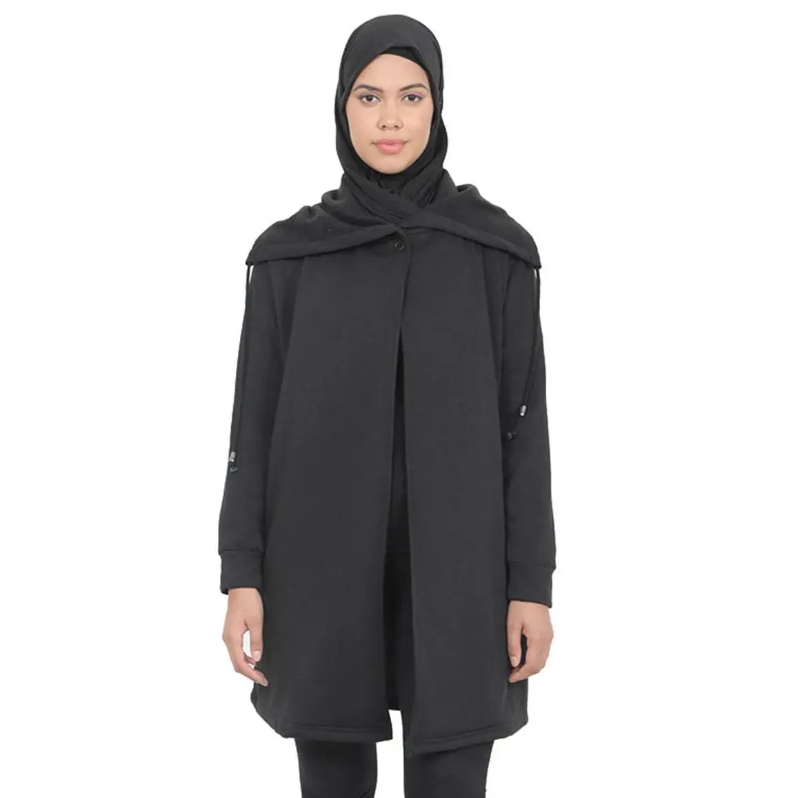 Women's Black Fleece Extended Shawl Color Shrug With Pockets