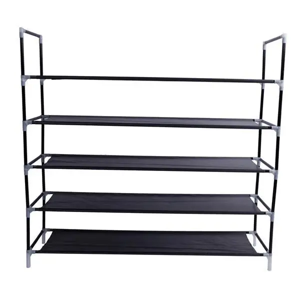 5 Tiers Non-woven Fabric Shoe Rack with Handle, Easy Assembly Compact Shoe Organizer, Black Sturdy Metal Frame Shoe Storage Shelf, Space Saving Freestanding Shoe Holder for Home Bedroom Entryway